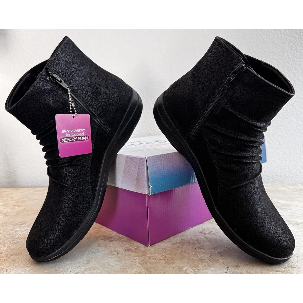 Skechers Black Ankle Boots Women’s Size 10 Flex Appeal Memory Foam Comfort NWB